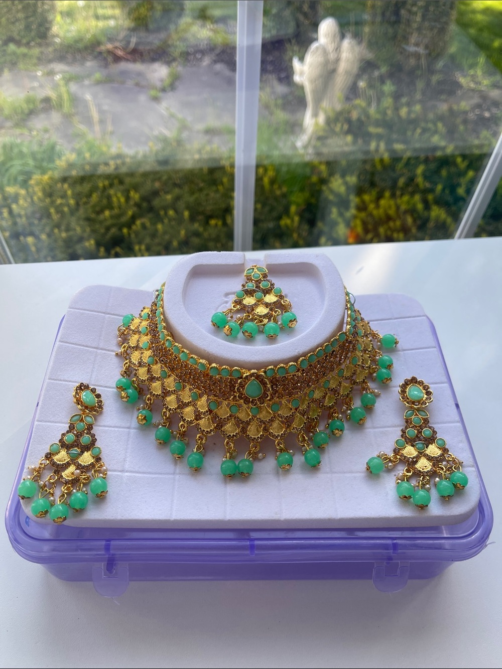 Gold and Green Choker Necklace Set with Earrings and head piece